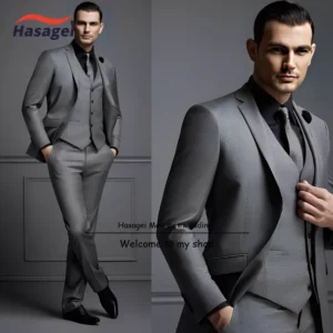 Dark Gray Elegant Men's Suit Three Piece Wedding Groom Tuxedo Slim Fit Jacket Pants Vest Formal Party Homme Suit